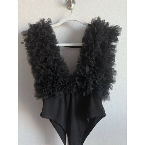 Klesis Women's Small Tulle Ruffled Black Deep-V Organza Bodysuit Sheer NEW - Picture 11 of 16